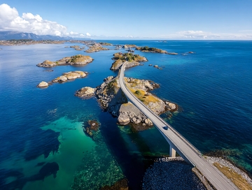 海上蜿蜒公路连接岩石岛屿的壮丽航拍景观