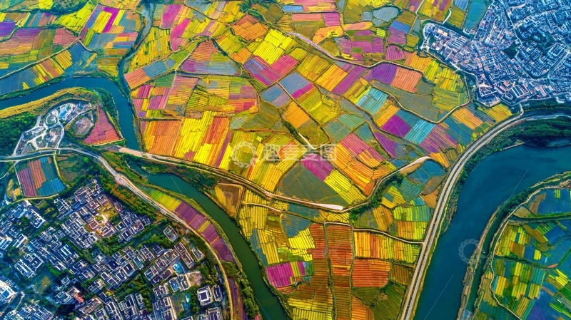 高清大图下载【趣麦麦图】航拍视角下色彩斑斓的农田与蜿蜒河流交织的壮丽景观