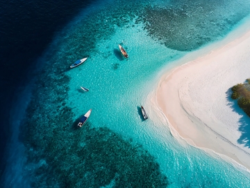 俯瞰热带海岛清澈海水与沙滩及船只