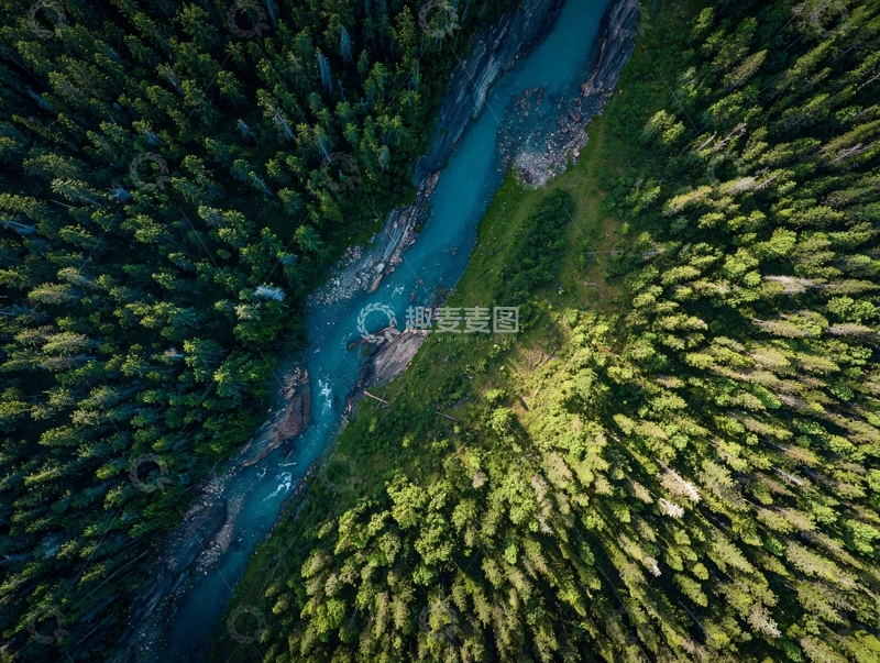 高清大图下载【趣麦麦图】俯瞰视角下的蜿蜒河流与茂密森林景观