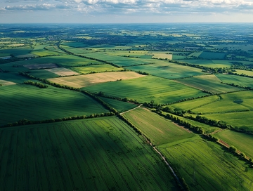 高空俯瞰绿色田野与蜿蜒小路的乡村风光