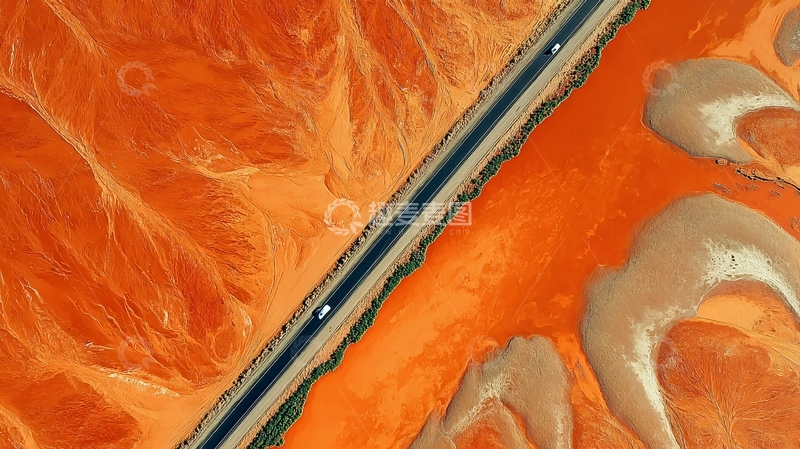 高清大图下载【趣麦麦图】沙漠地貌航拍视角下的公路景观