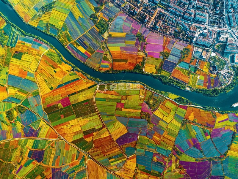 高清大图下载【趣麦麦图】俯瞰视角下的彩色农田与蜿蜒河流景观