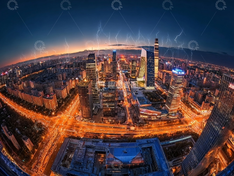 高清大图下载【趣麦麦图】城市夜景闪电划破天际高楼林立灯火辉煌