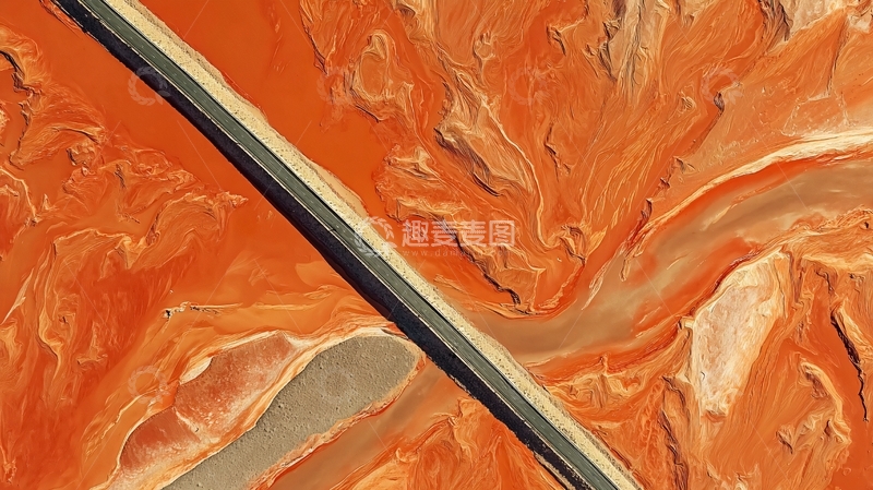 高清大图下载【趣麦麦图】橙色地貌中的蜿蜒河流与道路景观