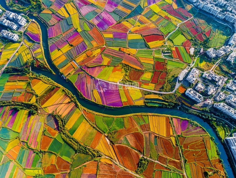 高清大图下载【趣麦麦图】俯瞰色彩斑斓的农田与蜿蜒河流的壮丽航拍景象