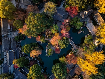 俯瞰视角下的秋日古建筑与多彩树木景观