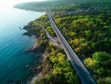 海岸公路蜿蜒穿过绿树成荫的沿海景观