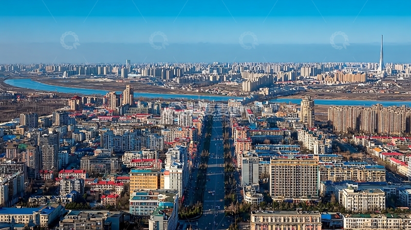 高清大图下载【趣麦麦图】城市鸟瞰图河流穿城而过高楼林立