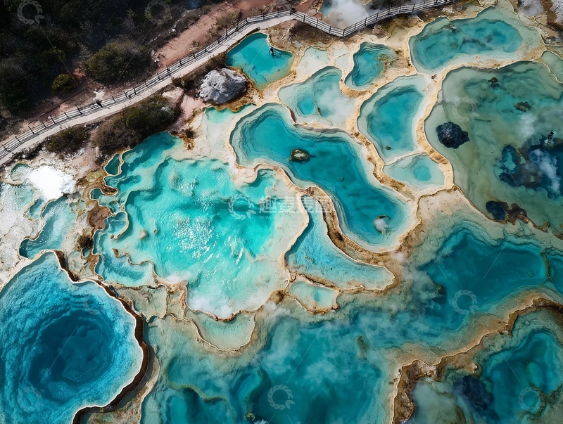 高清大图下载【趣麦麦图】俯瞰视角下的多彩温泉池与步道景观