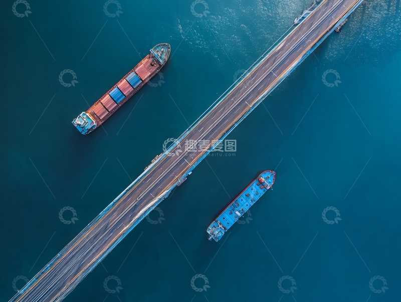 高清大图下载【趣麦麦图】航拍视角下桥梁旁的两艘货船