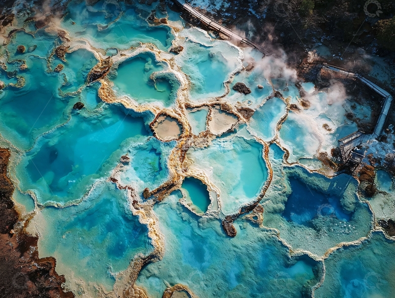 高清大图下载【趣麦麦图】俯瞰视角下的蓝色温泉池与蒸汽景观