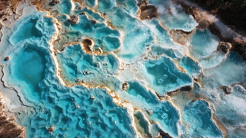 高清大图下载【趣麦麦图】俯瞰视角下的蓝色温泉池纹理景观