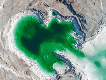 卫星视角下的碧绿湖泊与盐碱地貌景观