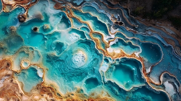 俯瞰视角下的蓝绿色水体与金色纹理交织的自然景观