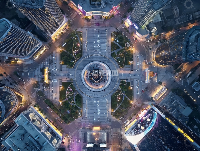 高清大图下载【趣麦麦图】俯瞰城市广场夜景灯光璀璨建筑环绕