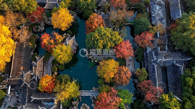 高清大图下载【趣麦麦图】俯瞰秋日古镇河流两岸色彩斑斓的树木与传统建筑