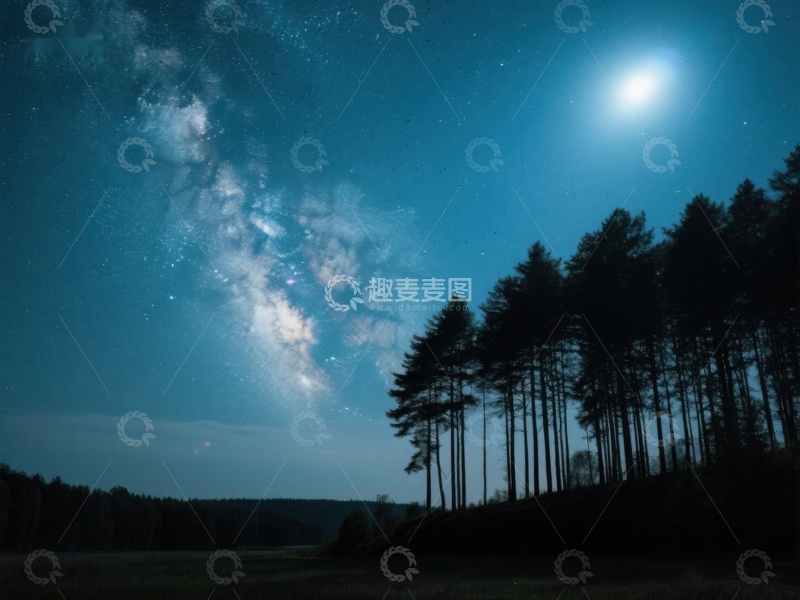 高清大图下载【趣麦麦图】夜空银河与森林剪影