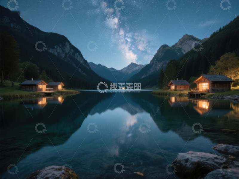 高清大图下载【趣麦麦图】夜幕下的湖畔木屋