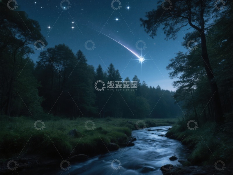 高清大图下载【趣麦麦图】夜空流星划过森林溪流