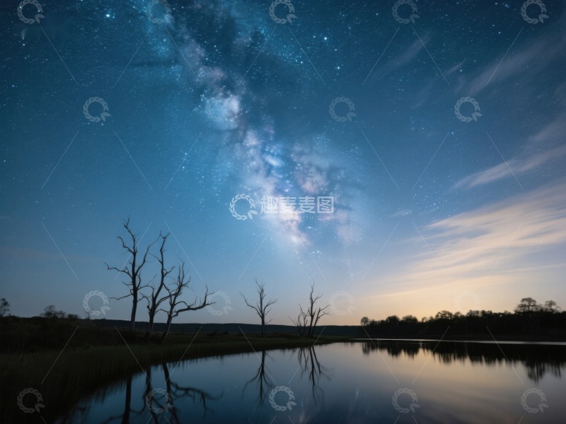高清大图下载【趣麦麦图】银河映照湖面，枯树剪影夜景