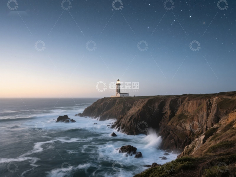 高清大图下载【趣麦麦图】夜幕下的灯塔与海浪
