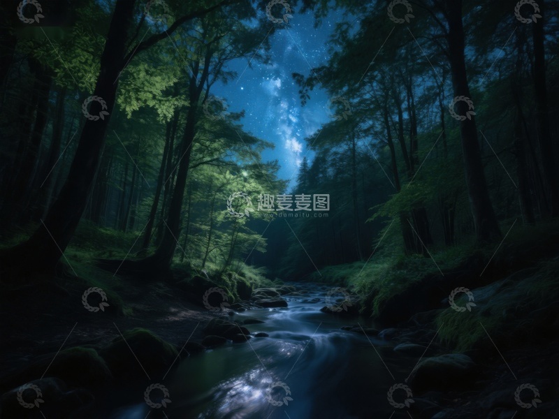 高清大图下载【趣麦麦图】夜幕森林溪流