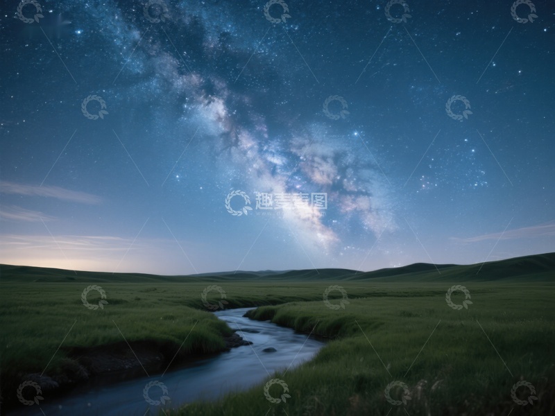 高清大图下载【趣麦麦图】银河下的宁静草原溪流