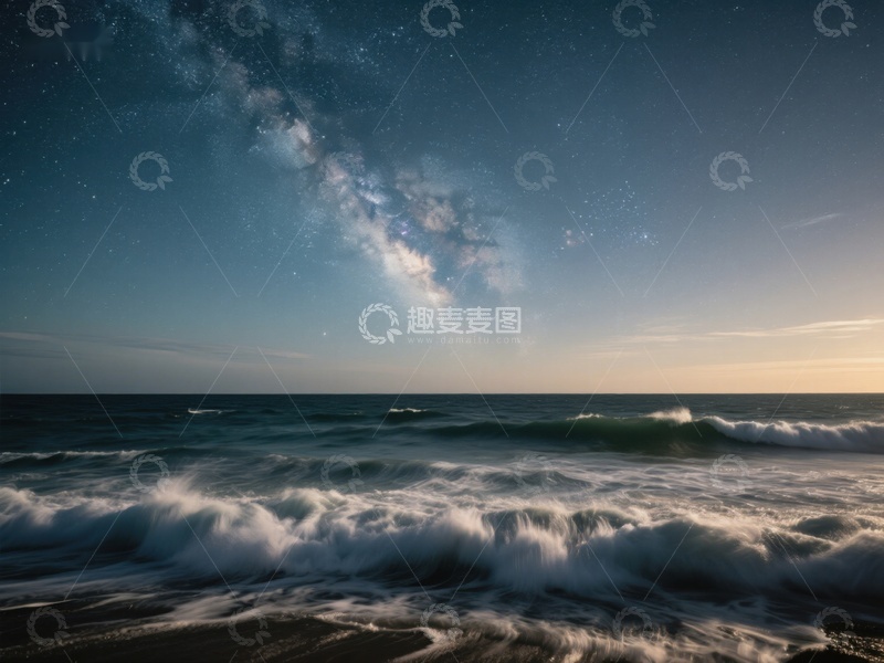 高清大图下载【趣麦麦图】夜空下的海浪与银河