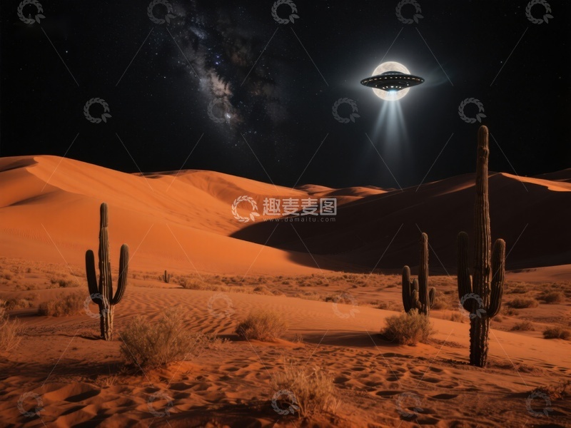 高清大图下载【趣麦麦图】沙漠夜空下的UFO奇景