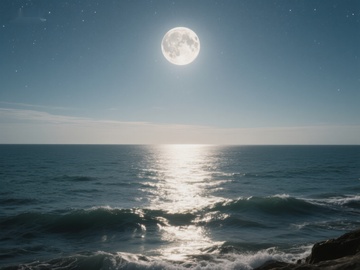 满月映照海面，波光粼粼