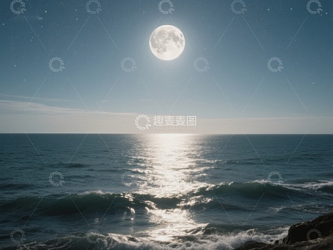 满月映照海面，波光粼粼
