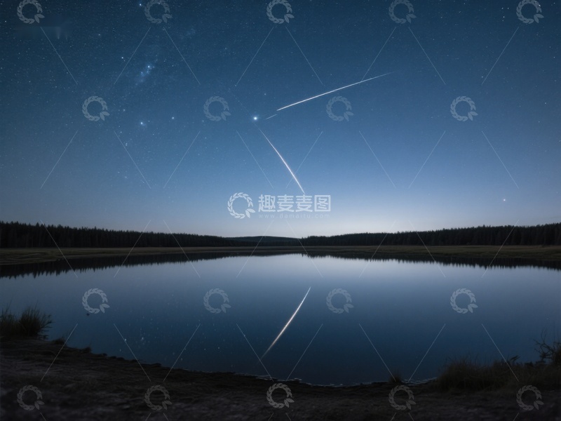 高清大图下载【趣麦麦图】夜空流星划过平静湖面