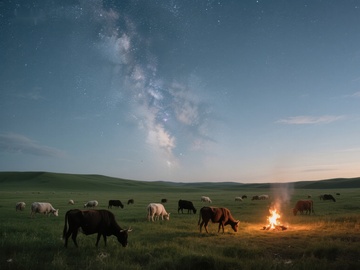 星空下的草原篝火与牛群