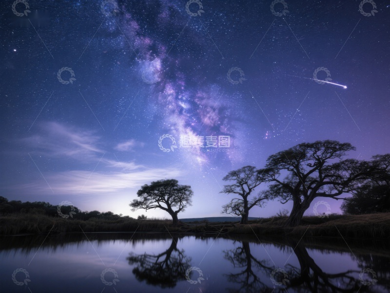 高清大图下载【趣麦麦图】银河夜空下的树影倒映
