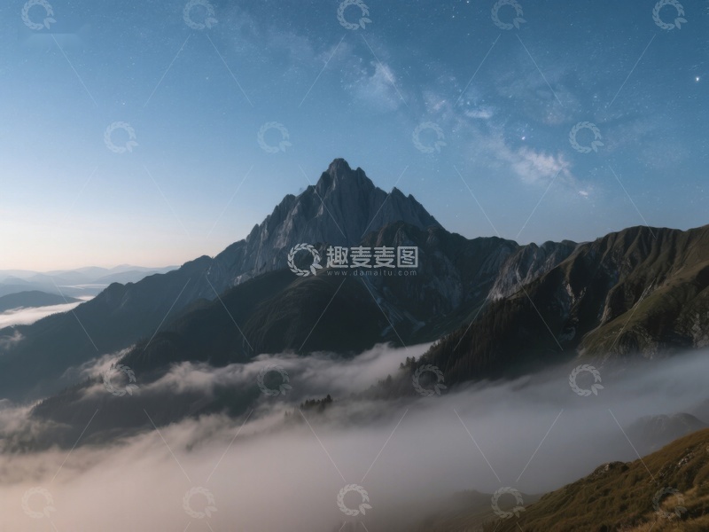 高清大图下载【趣麦麦图】云海缭绕的山峰夜景