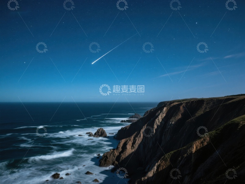 高清大图下载【趣麦麦图】夜空流星划过海岸悬崖