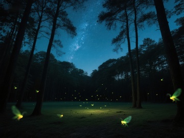 夜空下的萤火虫森林