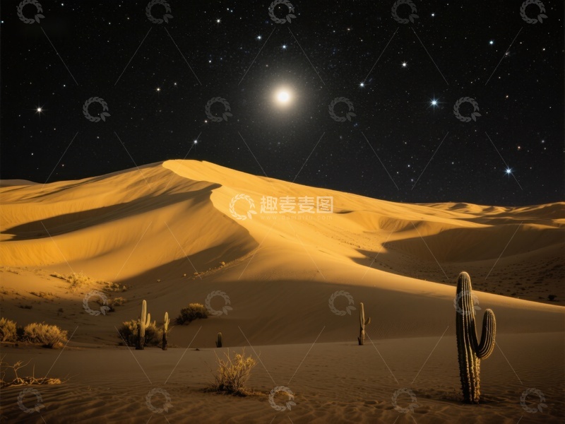 高清大图下载【趣麦麦图】夜空下的沙漠与仙人掌
