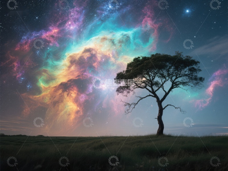 高清大图下载【趣麦麦图】孤树与星空下的多彩云霞