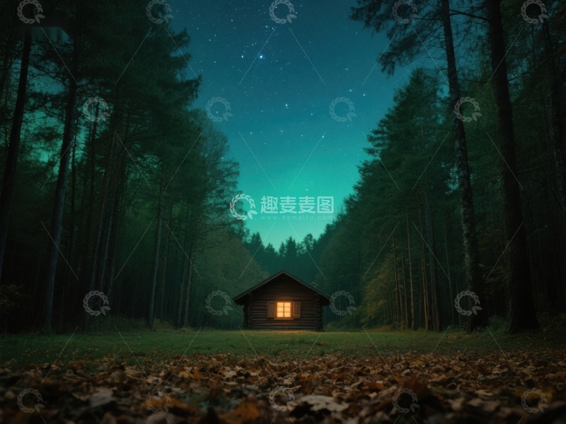 高清大图下载【趣麦麦图】夜幕下的森林小屋