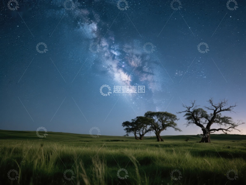 高清大图下载【趣麦麦图】夜空下的草原与孤树
