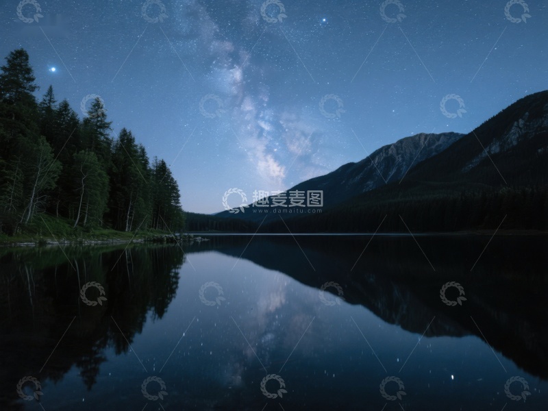 高清大图下载【趣麦麦图】夜空银河映照湖面山林