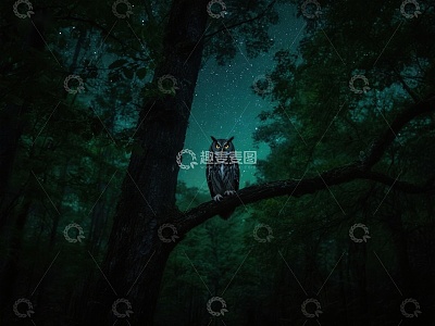 夜空下的森林猫头鹰
