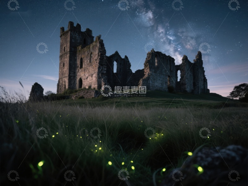 高清大图下载【趣麦麦图】夜空下的古堡遗迹与萤火虫