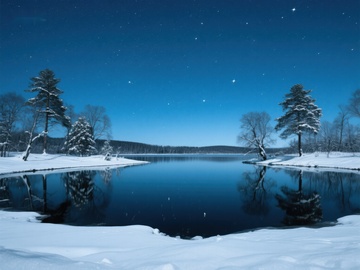 冬夜湖畔，星辉映雪