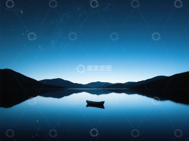 高清大图下载【趣麦麦图】夜色湖面孤舟静谧