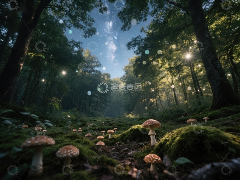 高清大图下载【趣麦麦图】森林中的蘑菇与星光