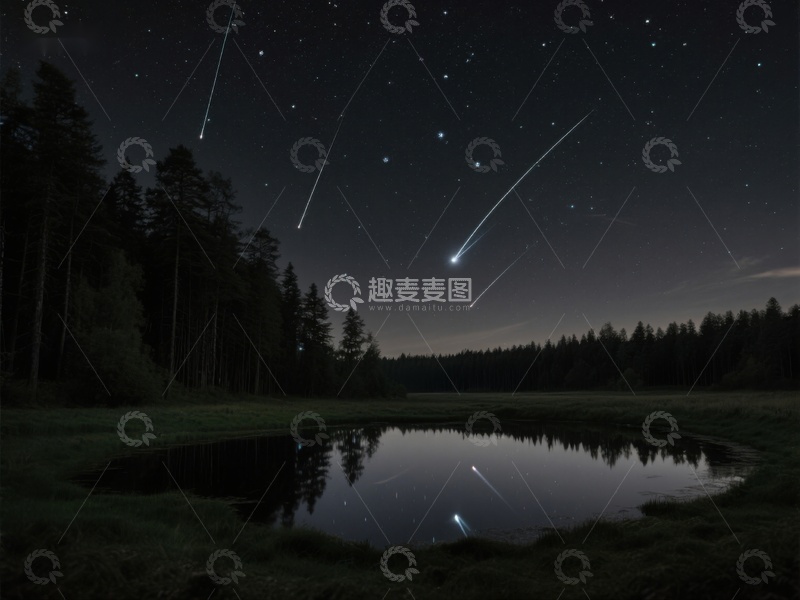 高清大图下载【趣麦麦图】夜空流星划过，湖面倒影静谧森林