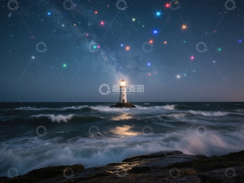 高清大图下载【趣麦麦图】夜空下的灯塔与海浪